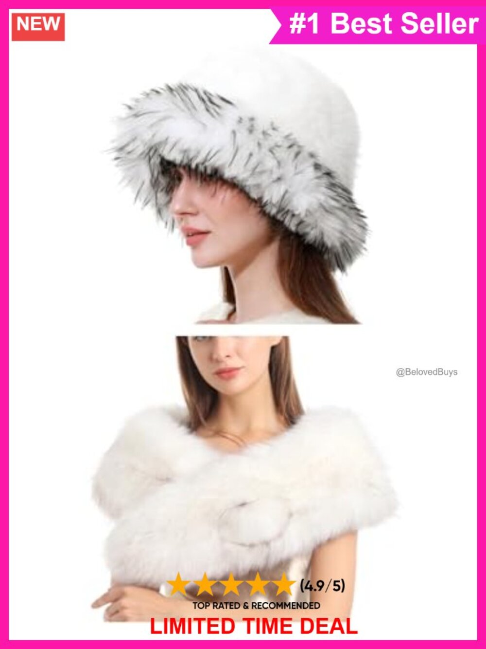 Faux Fur Bucket Hat and Collar Scarf 2 Piece Set Quilted Liner One Size